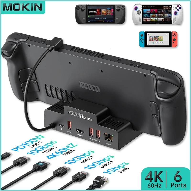 MOKiN 6 in 1 ŷ ̼ - USB3.1, HDMI 4K60Hz, PD 100W - Steam Deck, ROG Ally, ƮϿ  - RJ45 1Gbps 